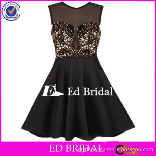 CE1153 New Arrival 2015 Fall Round Neck Sleeveless Gold Sequins Black Party Dress